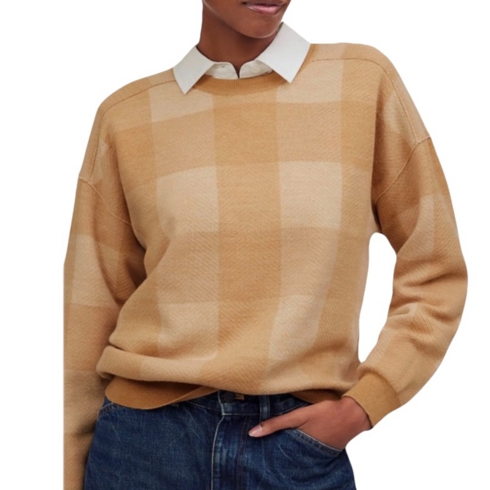 Madewell Women’s Merino Wool Camel Relaxed Fit Plaid Print Pullover Sweater Sz M